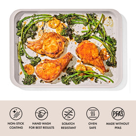 OXO Good Grips half sheet pan in the oven illustrating even browning