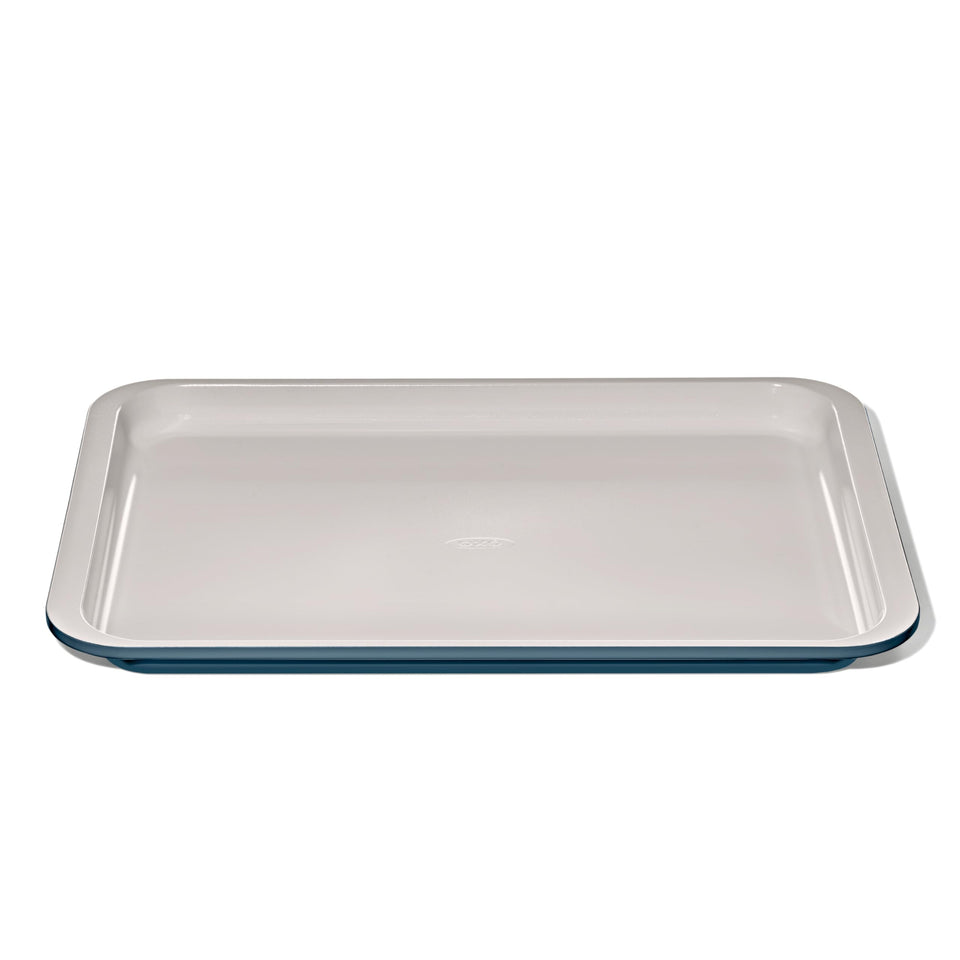OXO Good Grips half sheet pan in storm blue for even baking and easy release.