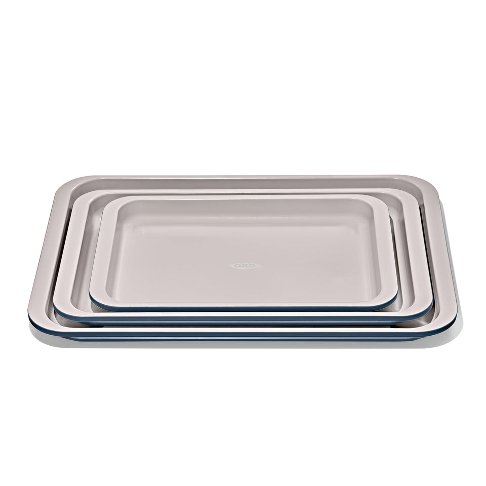 OXO Good Grips half-sheet pan in storm blue for even browning and easy cookie prep.