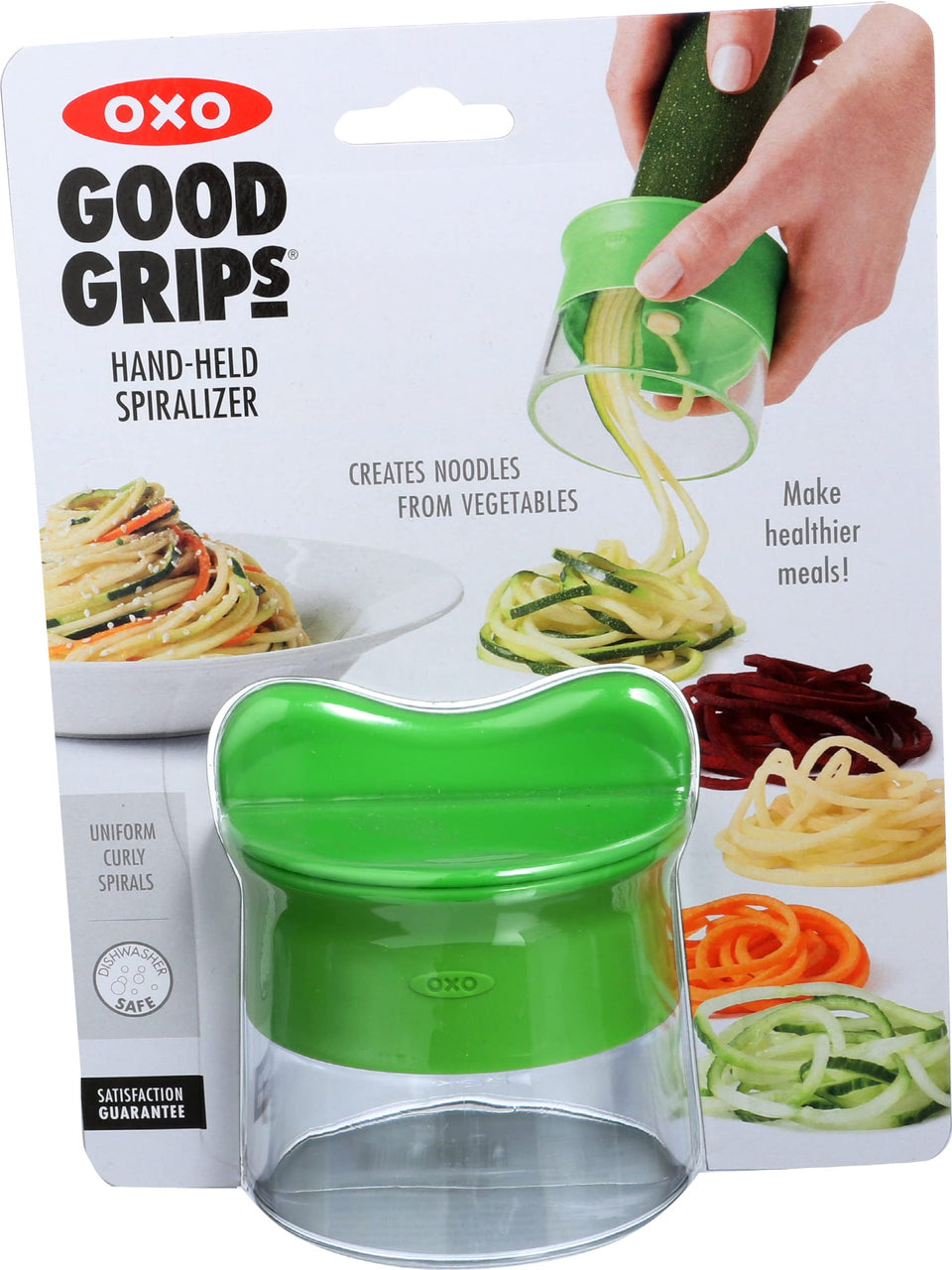 OXO Good Grips handheld spiralizer creating uniform veggie noodles for healthy meals.