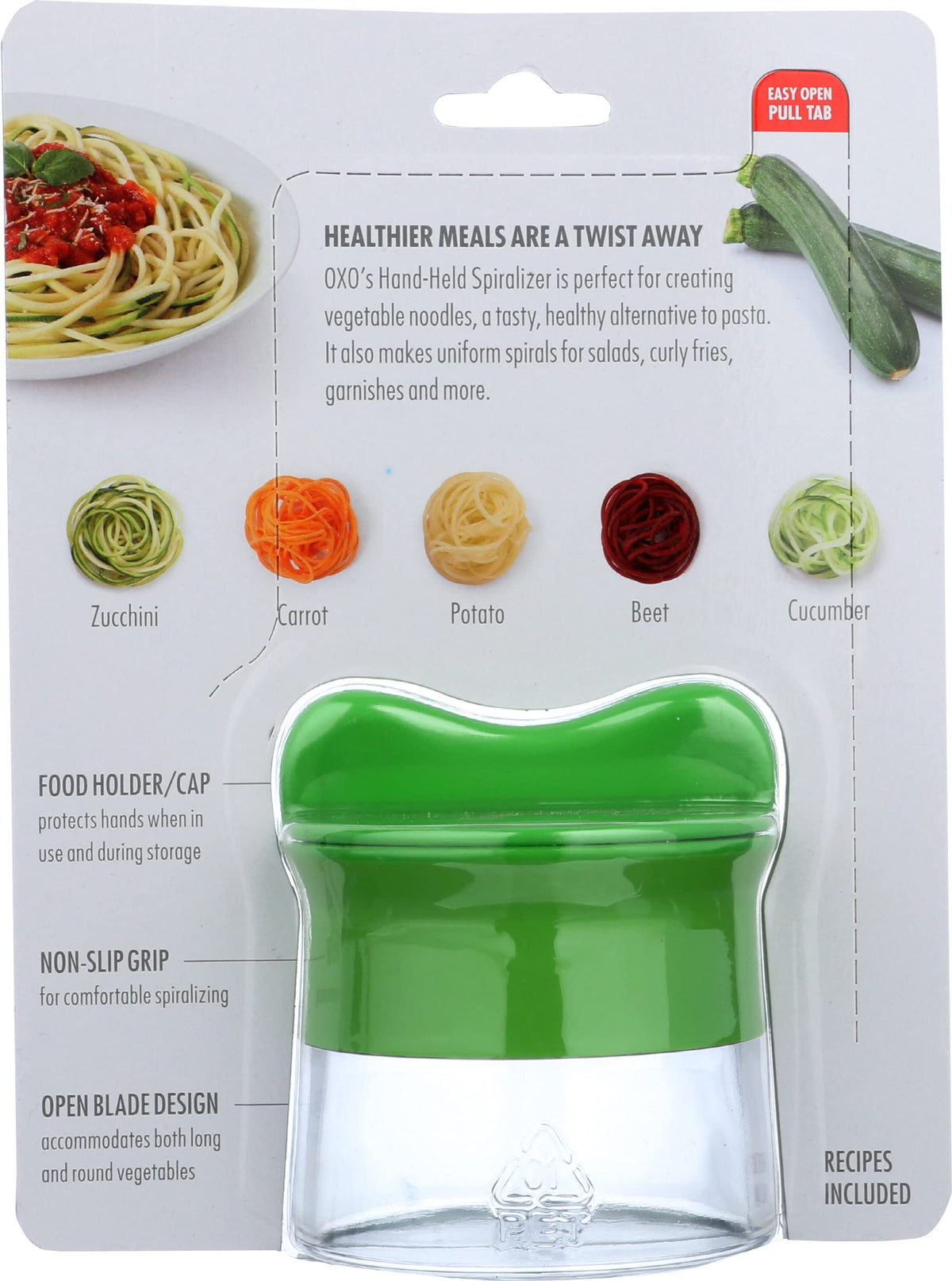 OXO Good Grips spiralizer produces zucchini and cucumber spirals for quick meals.