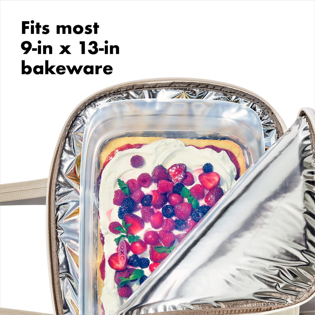 OXO Good Grips oat carrier features generous handles for a comfortable grip with heavy dishes.