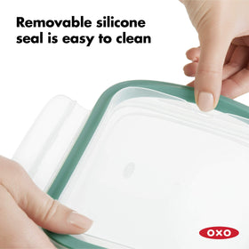 OXO Good Grips interchangeable lids fit same-size containers for versatility.