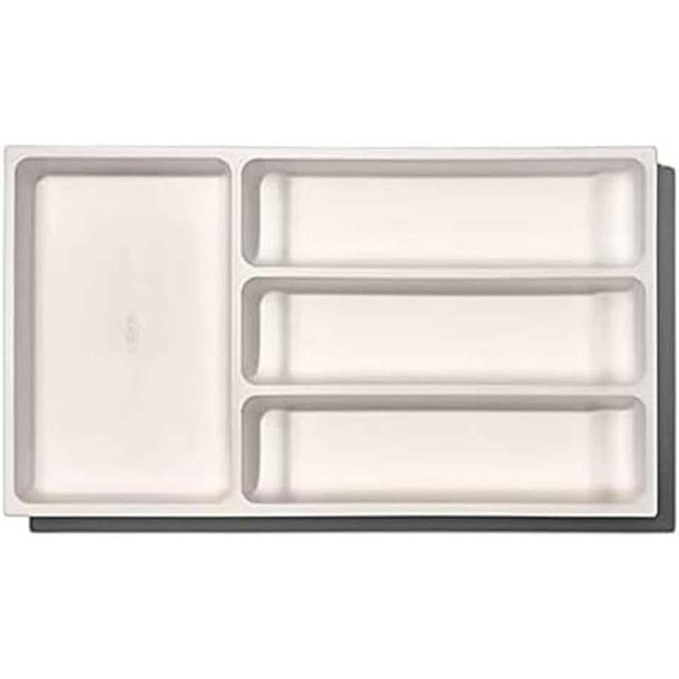 OXO Good Grips expandable white kitchen drawer organizer keeps utensils organized and accessible.