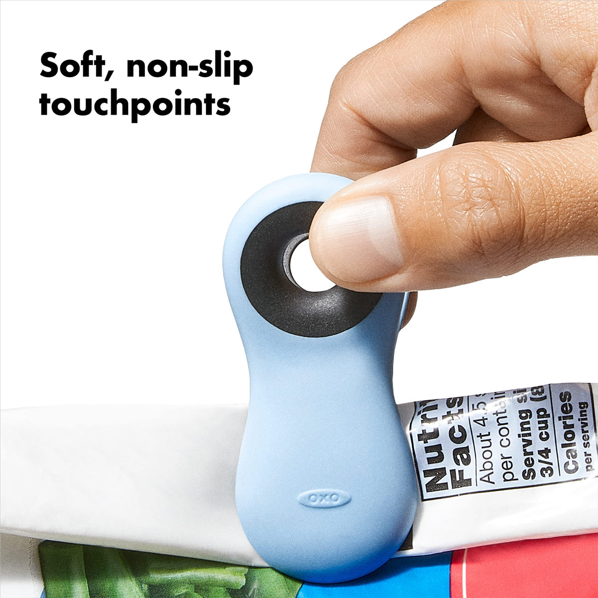 OXO large bag clip with extra-wide mouth seals oversized bags.