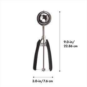 Soft-grip handle on the OXO scoop enhances comfort during dough portioning