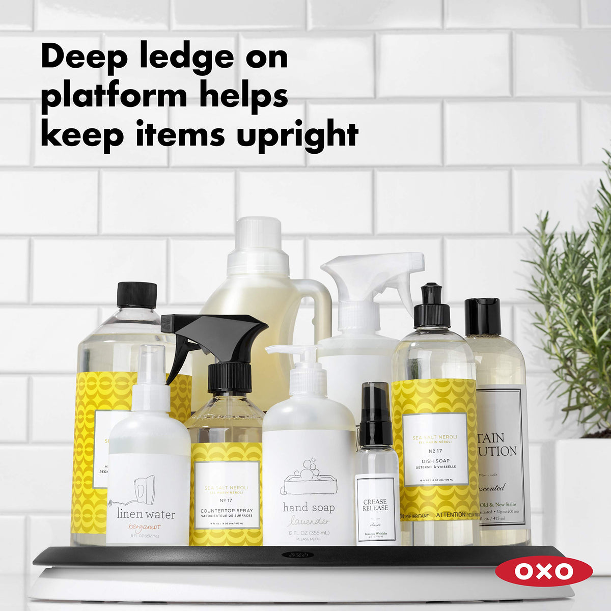 OXO Good Grips Lazy Susan deep ledge keeps items upright.