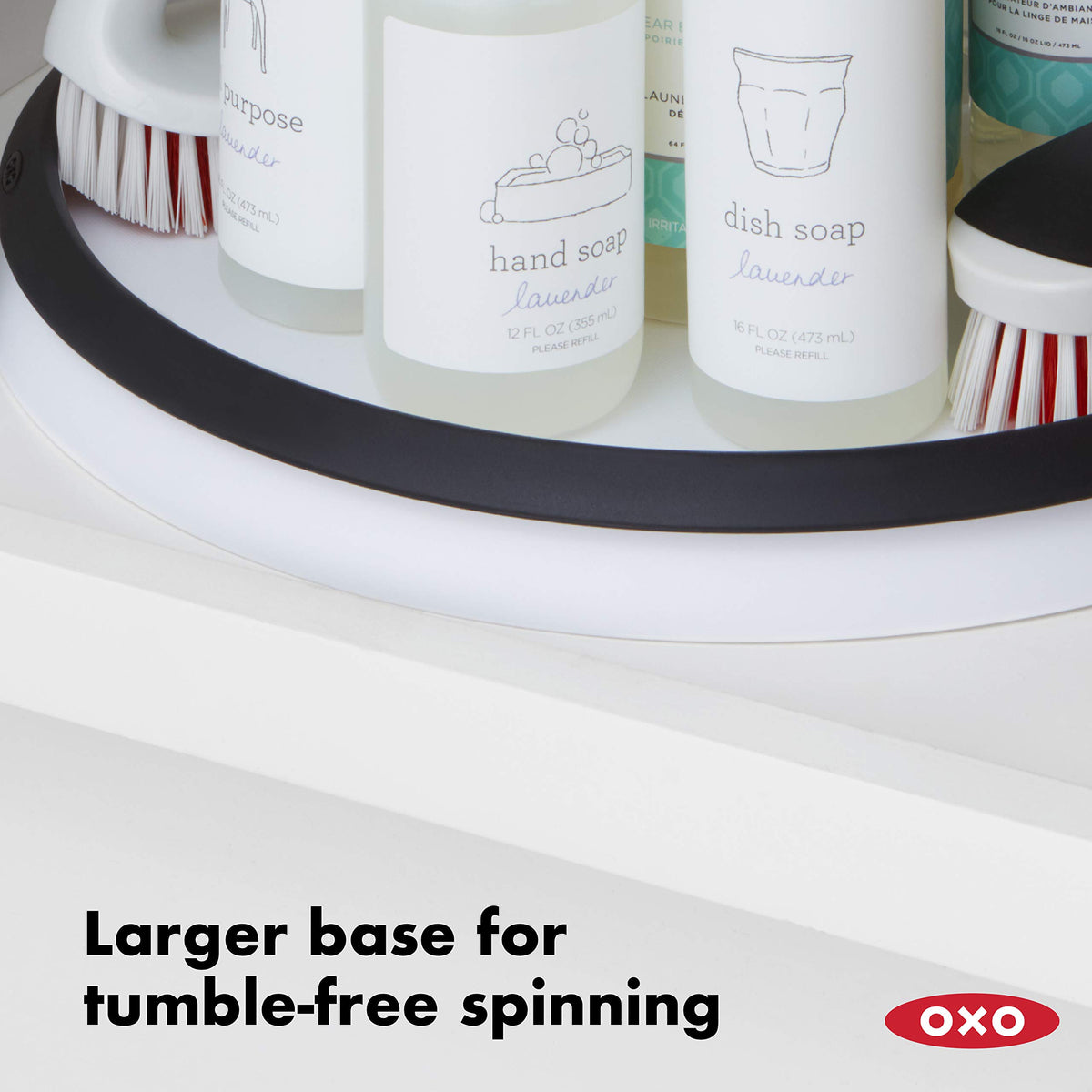 OXO Good Grips Lazy Susan larger base prevents interference with nearby items.