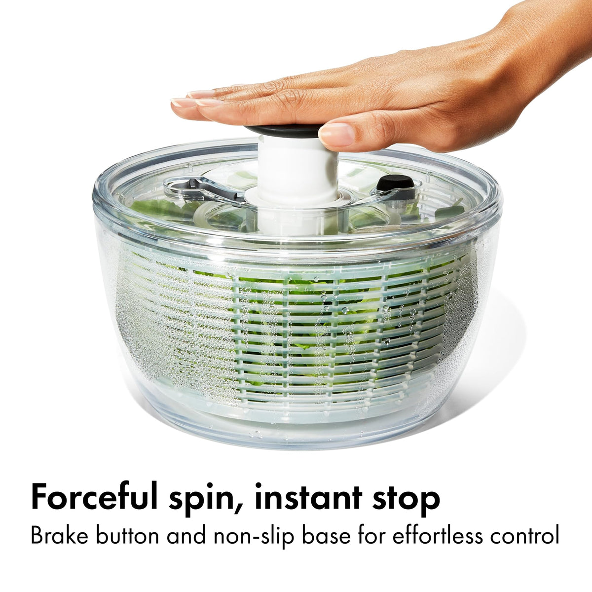 OXO Good Grips Little Salad Spinner clear bowl doubles as storage or serving bowl.