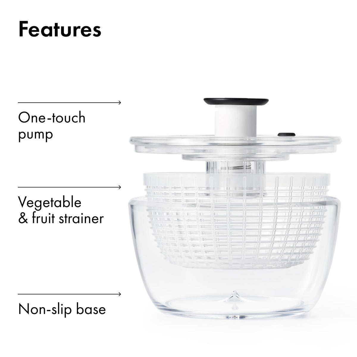 OXO Good Grips Little Salad Spinner parts are dishwasher safe on the top rack.