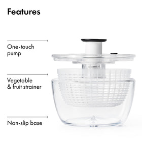 OXO Good Grips Little Salad Spinner parts are dishwasher safe on the top rack.