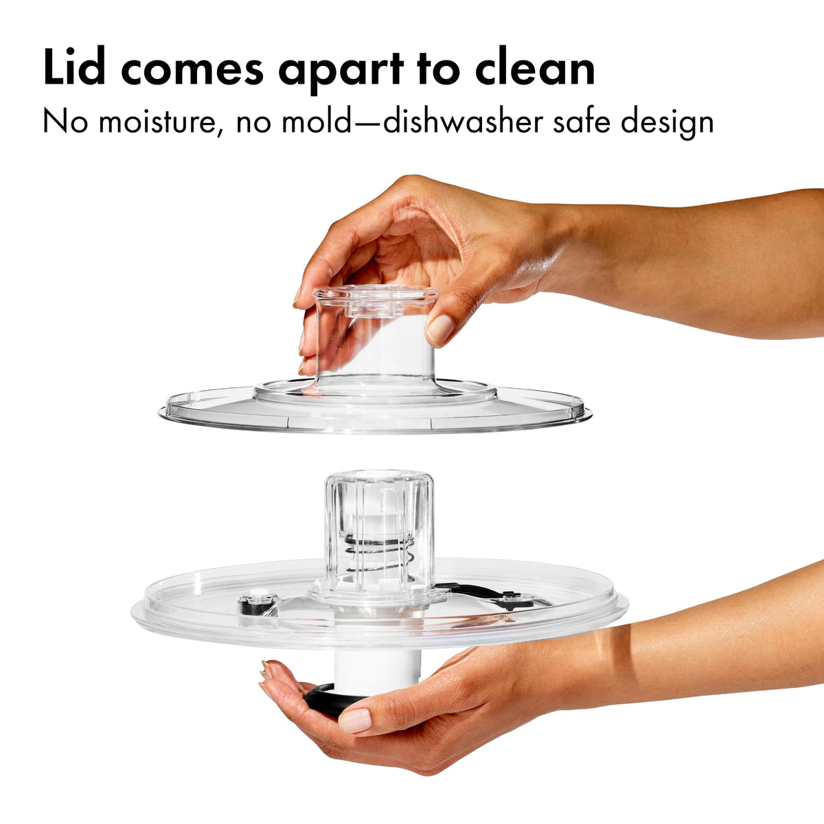 OXO Good Grips Little Salad Spinner lid splits for thorough cleaning.