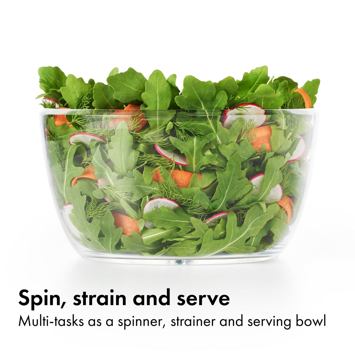 OXO Good Grips Little Salad Spinner storage lock keeps pump flush for stacking.
