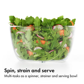 OXO Good Grips Little Salad Spinner storage lock keeps pump flush for stacking.