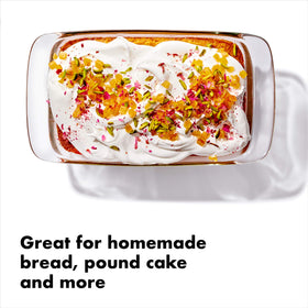 OXO Good Grips loaf pan with large handles for safe transport.
