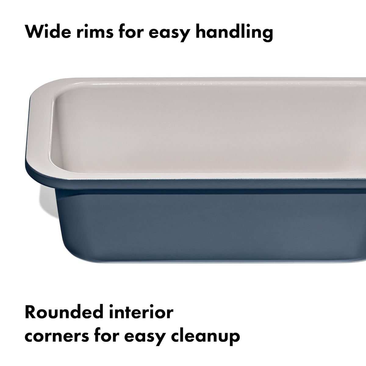 Heavy-gauge aluminized steel build of OXO loaf pan storm blue ensures durability.
