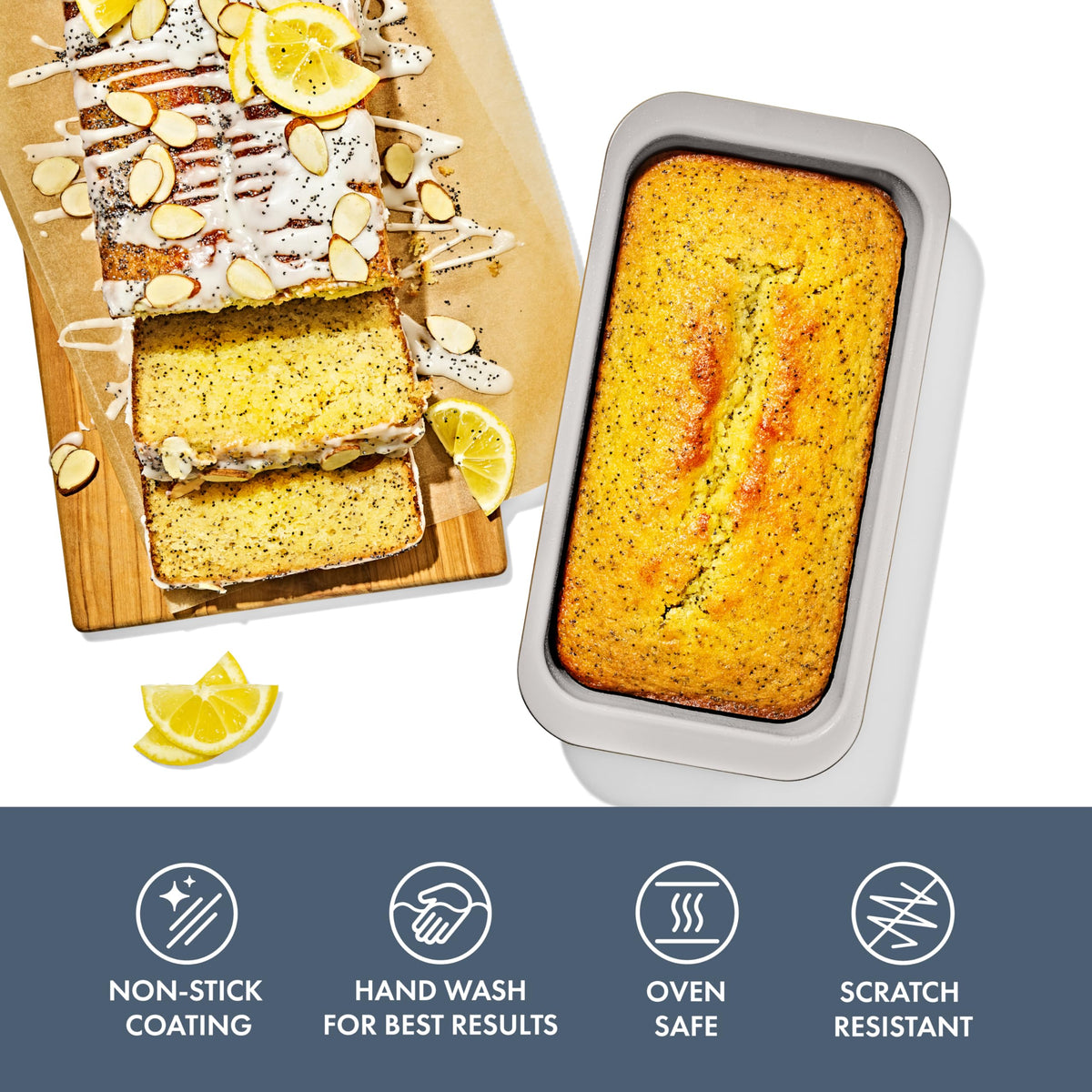 OXO Good Grips loaf pan storm blue, side view with sturdy handle for safe transfer.