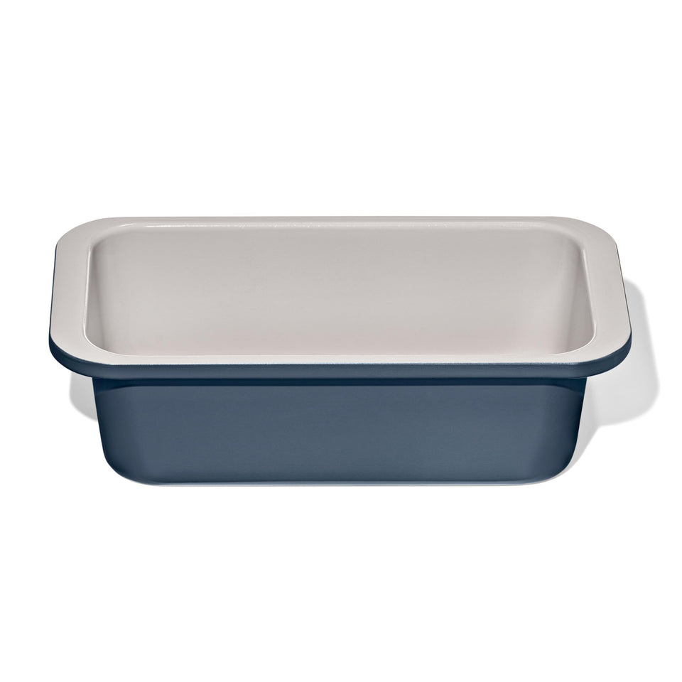 OXO Good Grips loaf pan in storm blue, top view showing even browning potential.