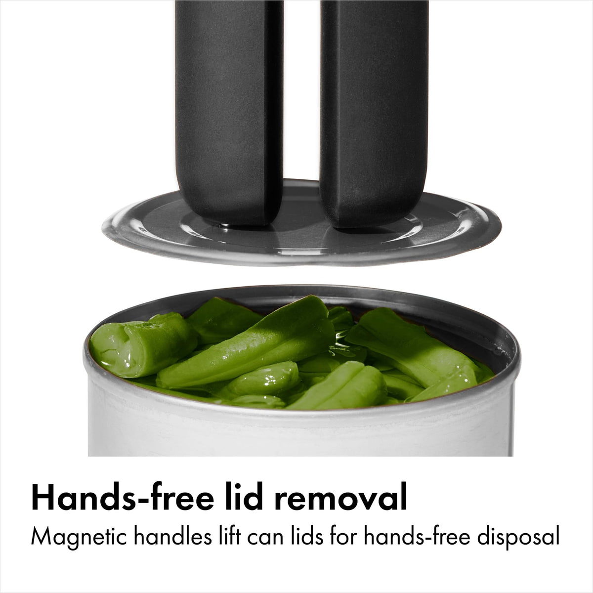 OXO can opener with easy-release button simplifies lid removal and cleanup.