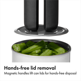 OXO can opener with easy-release button simplifies lid removal and cleanup.