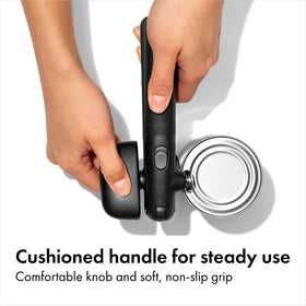 Sharp cutting wheel slices lids cleanly for minimal effort.