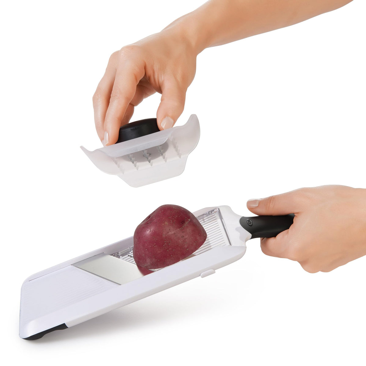 OXO Good Grips mandoline slicer adjustable blades show 1, 2.5, or 4 mm thickness.