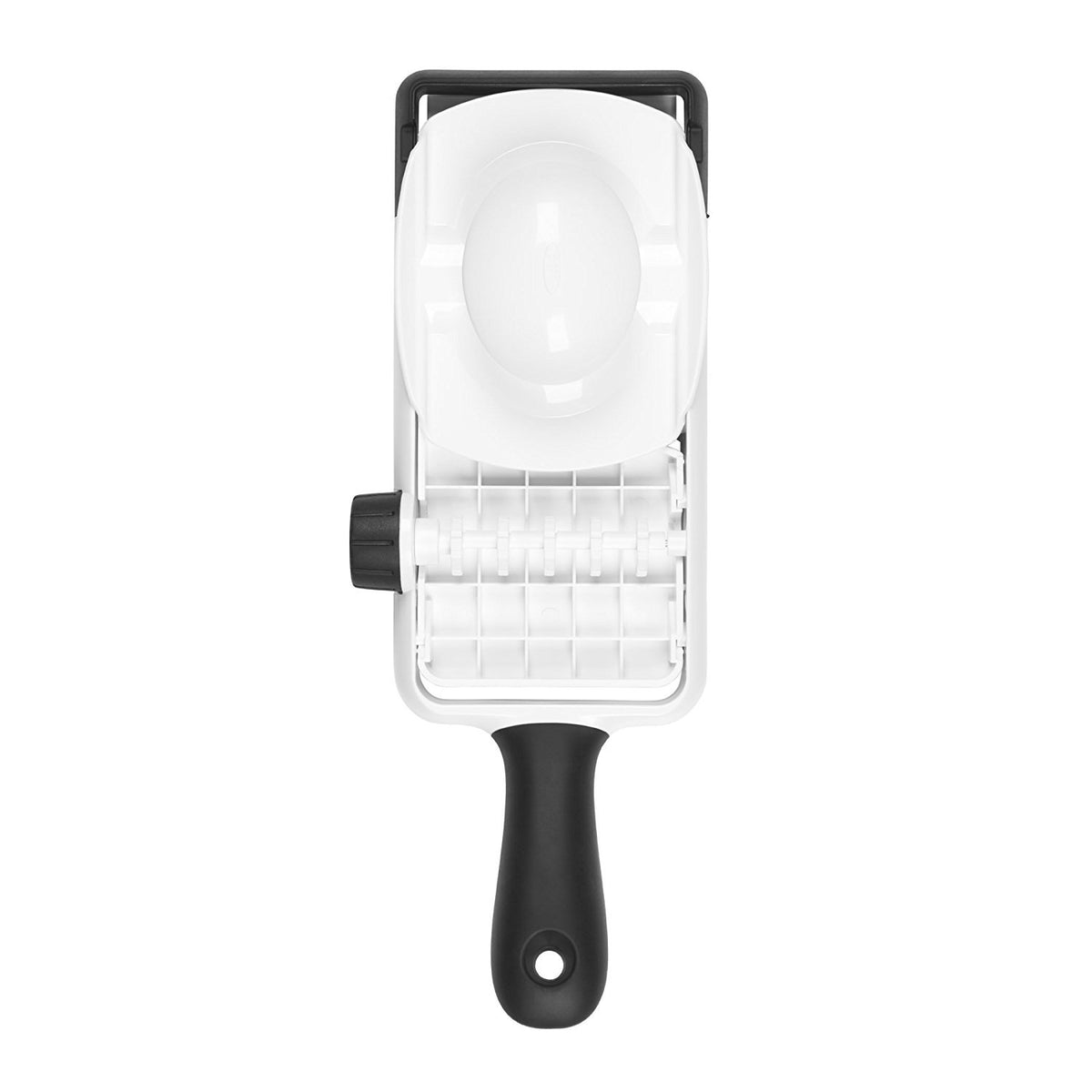 OXO Good Grips mandoline slicer clear window shows slices below.