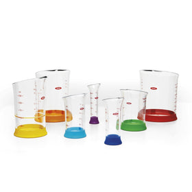 OXO Good Grips beaker set with liquids for accurate measuring.