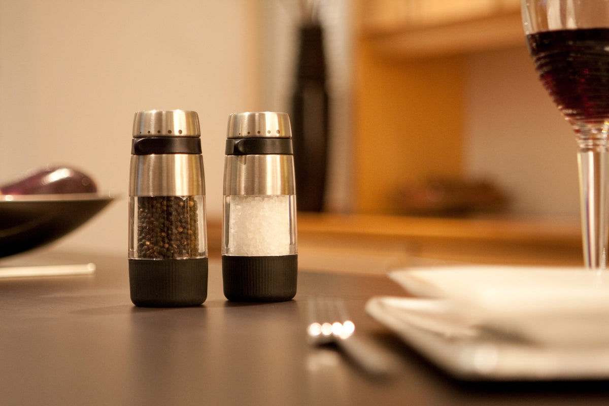 OXO Good Grips pepper grinder clear body for easy refill checks and monitoring.