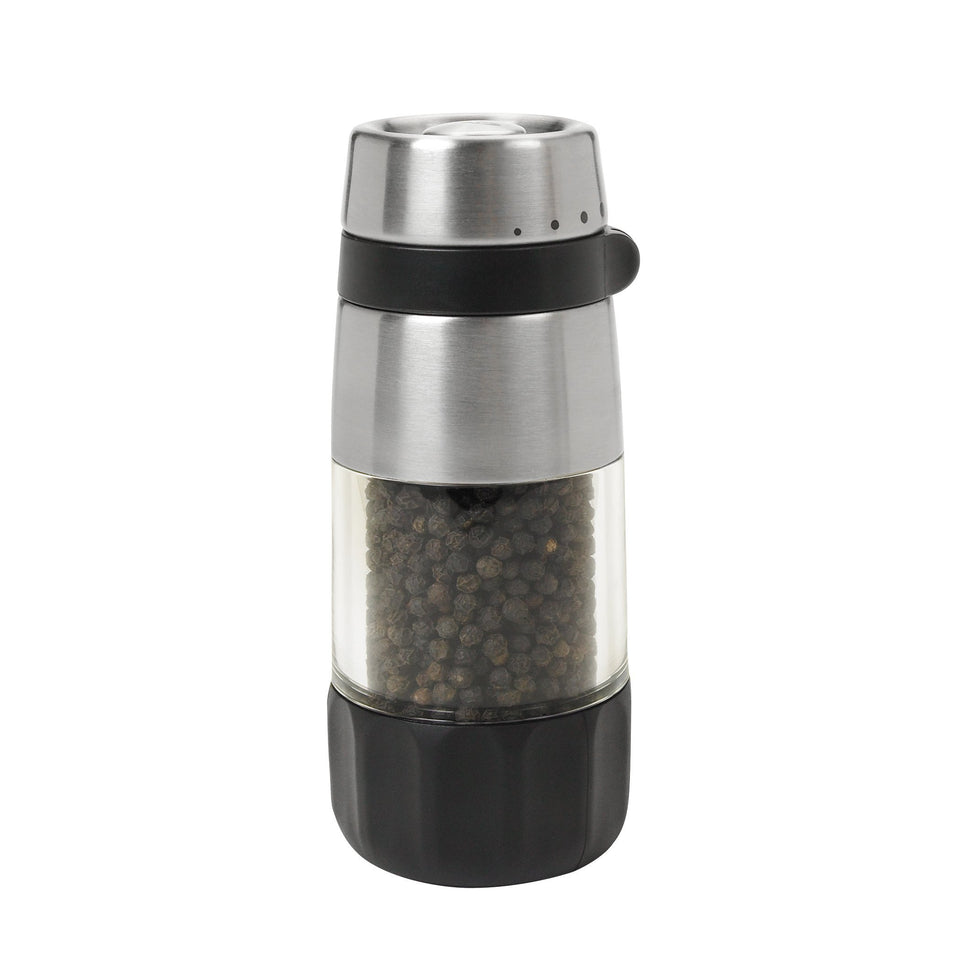 OXO Good Grips pepper grinder top-dispense view shows clean counters and easy use.