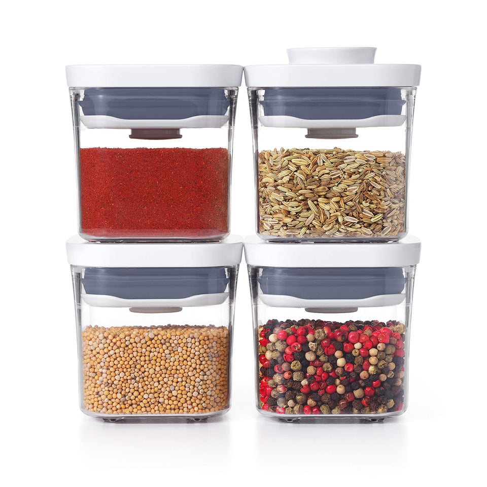 OXO Good Grips Mini POP set stacked containers for compact storage.