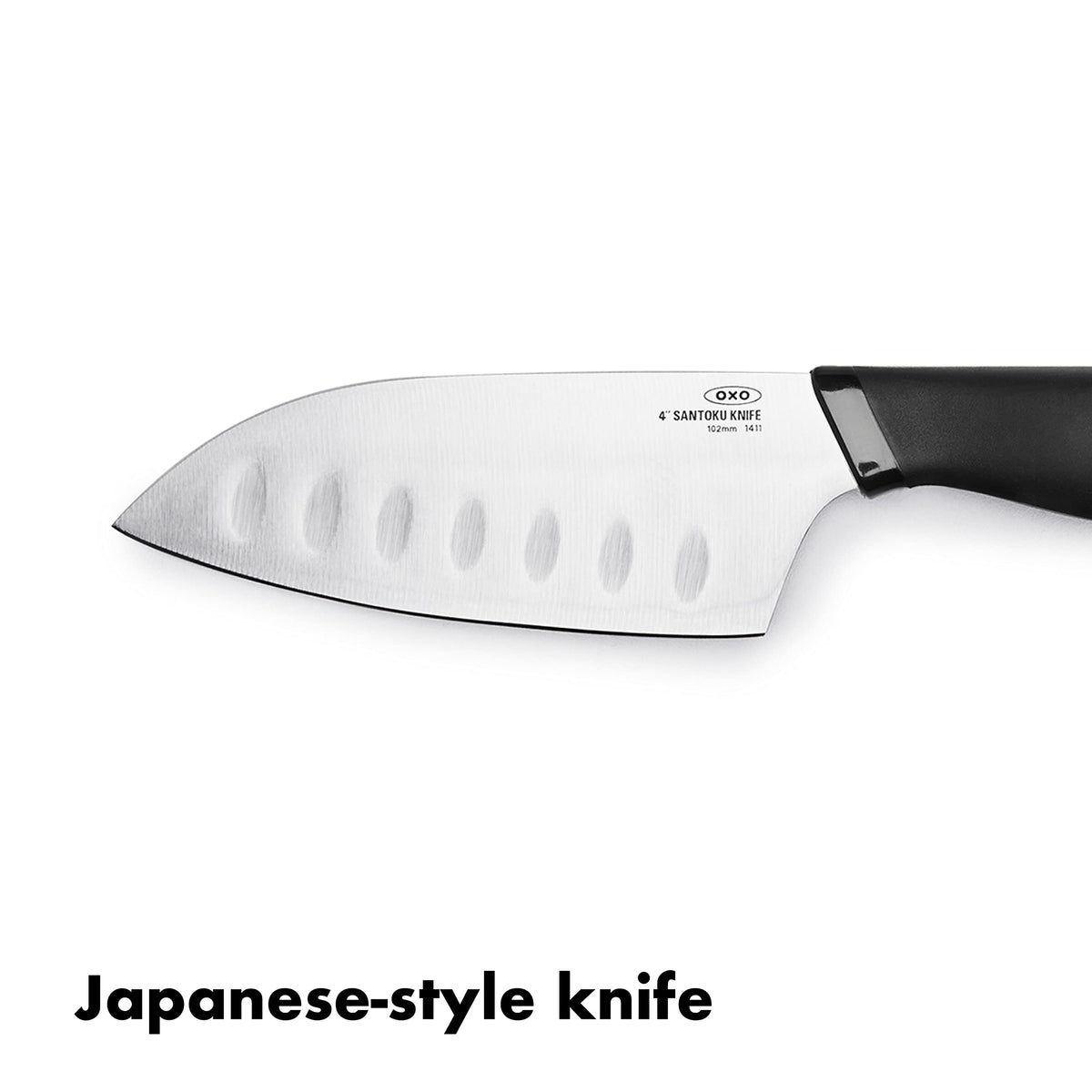 OXO Good Grips Mini Santoku Knife ergonomic handle close-up.