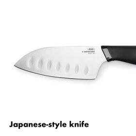 OXO Good Grips Mini Santoku Knife ergonomic handle close-up.