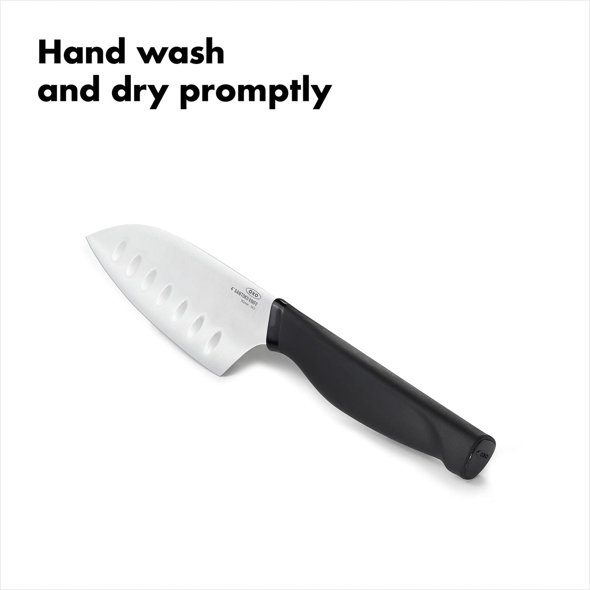 OXO Good Grips Mini Santoku Knife slicing small vegetables.