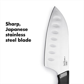 OXO Good Grips Mini Santoku Knife blade with kullens reducing sticking.