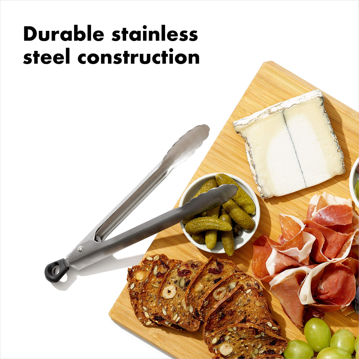 OXO Good Grips 7-Inch Mini Tongs lock closed for compact storage.