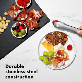 OXO Good Grips mini tongs dishwasher safe for quick cleanup.