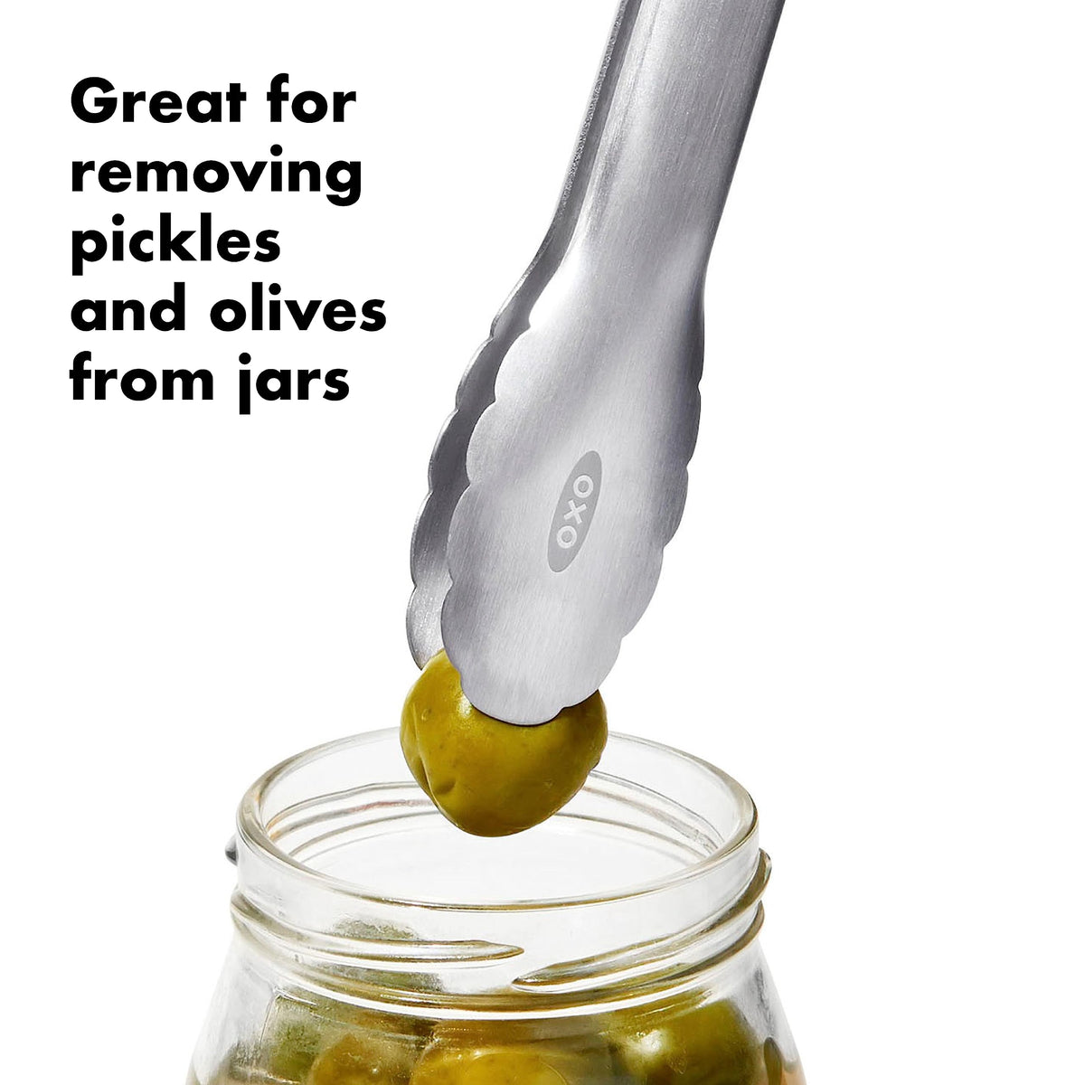 OXO Good Grips mini tongs lock closed for easy storage.