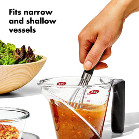 OXO Good Grips Mini Whisk fits into narrow bowls for small batches.