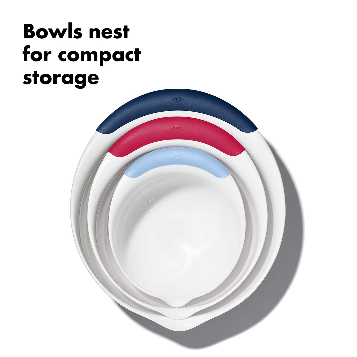 Nestable OXO Good Grips bowls save storage space when not in use.