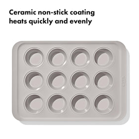 OXO Good Grips muffin pan, interior coating helps even browning for muffins.