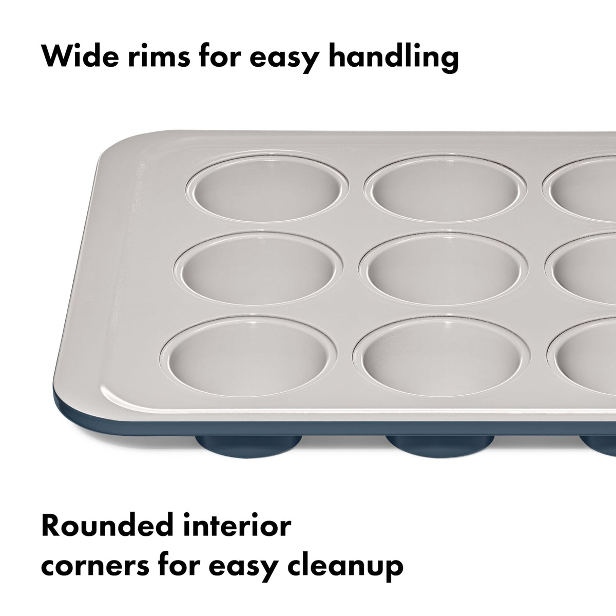 OXO Good Grips muffin pan, handles and rims shown for easy oven handling.