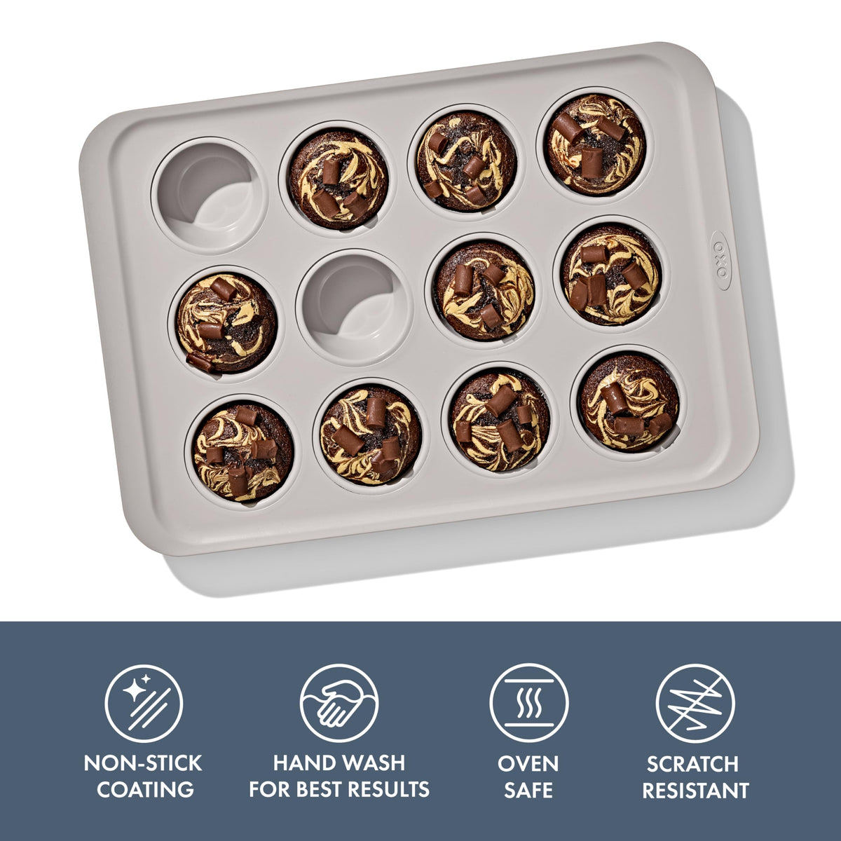 OXO Good Grips muffin pan, side view, sturdy aluminized steel for even heating.