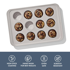 OXO Good Grips muffin pan, side view, sturdy aluminized steel for even heating.