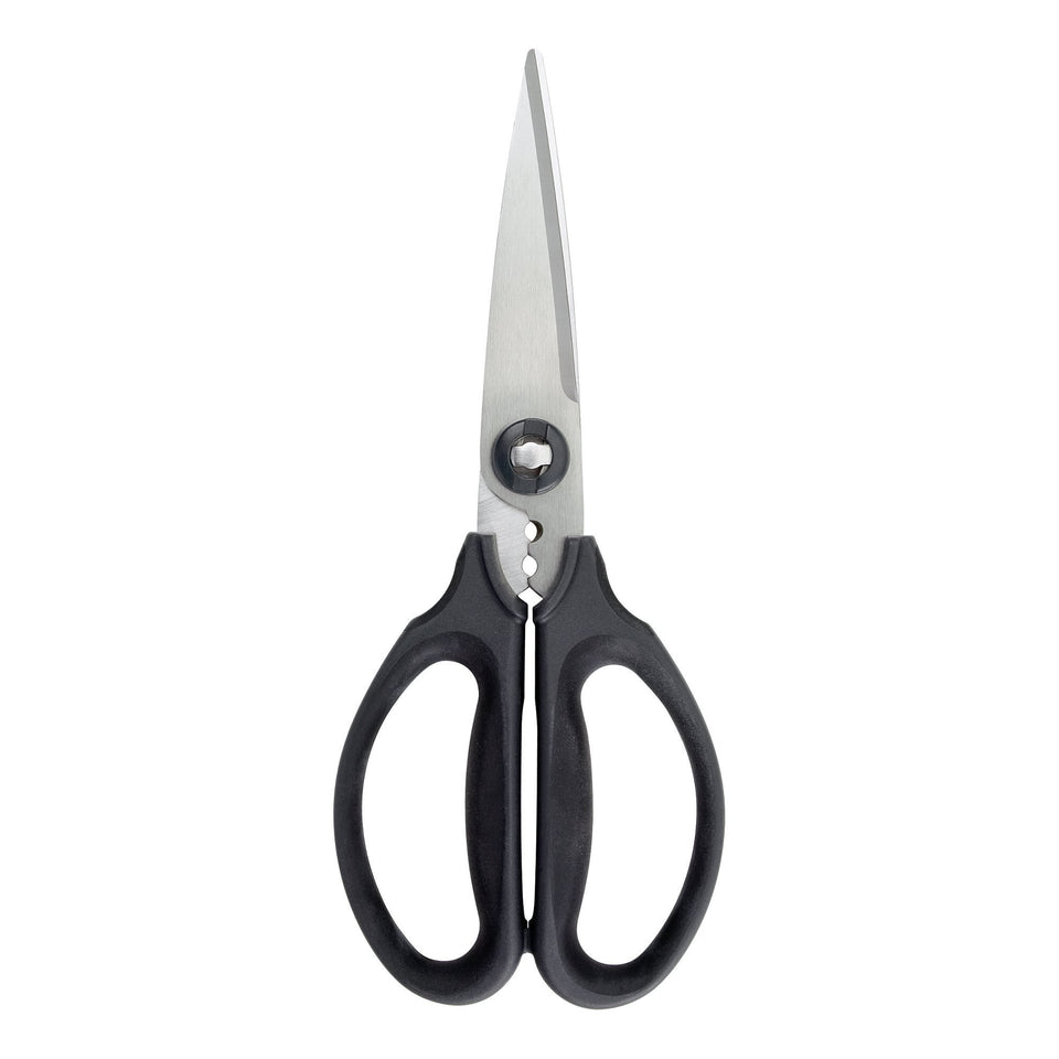 OXO Good Grips scissors slicing cardboard with secure micro-serrated blades