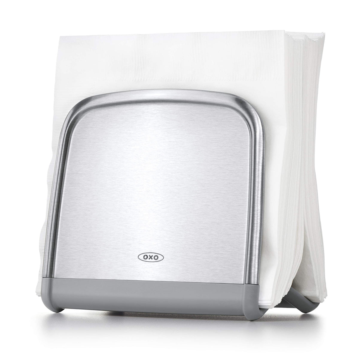 OXO Good Grips Neat Napkin Holder close-up shows stainless steel and finger-proof finish for easy use.