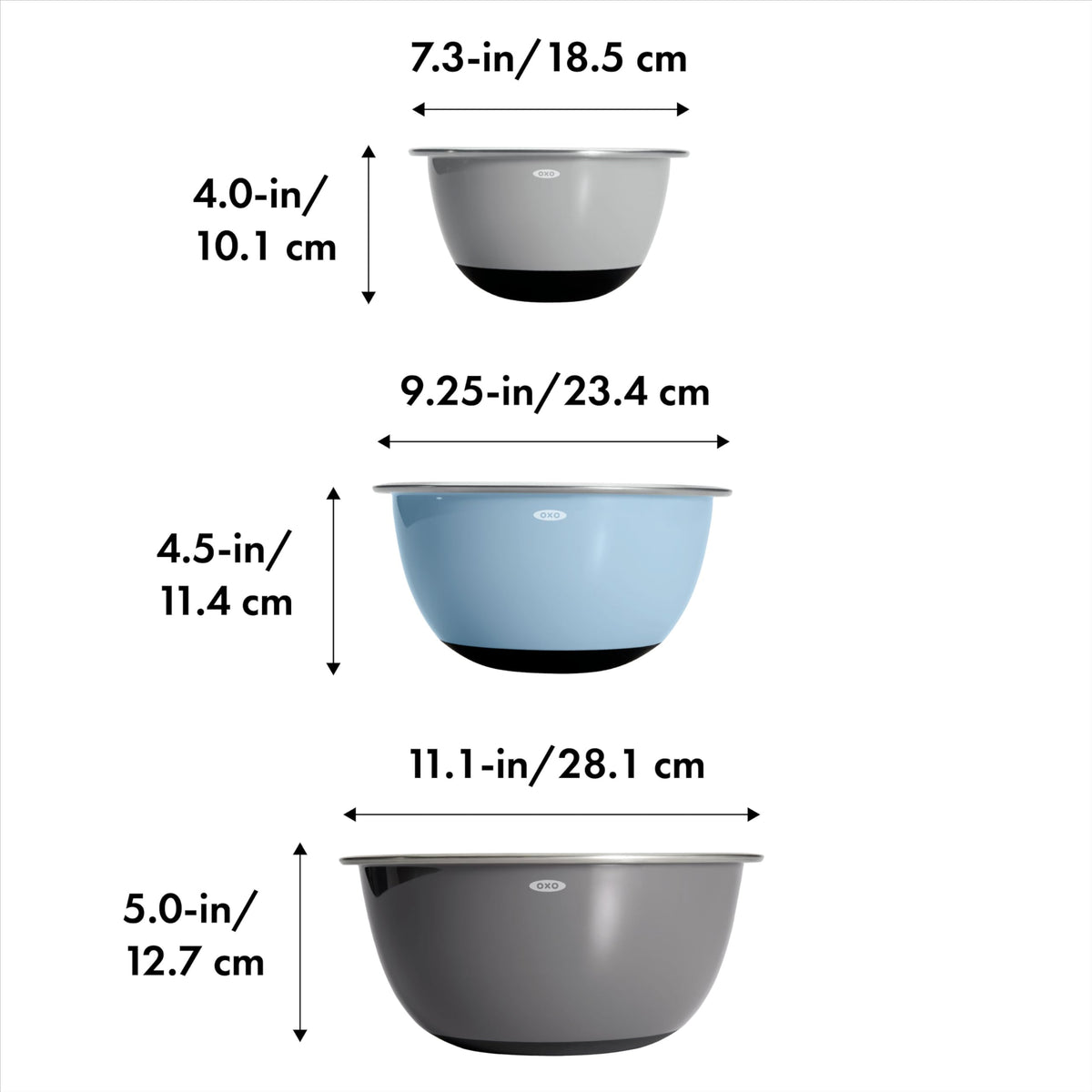 Non-slip bottom of OXO Good Grips bowls stabilizes during tilting.