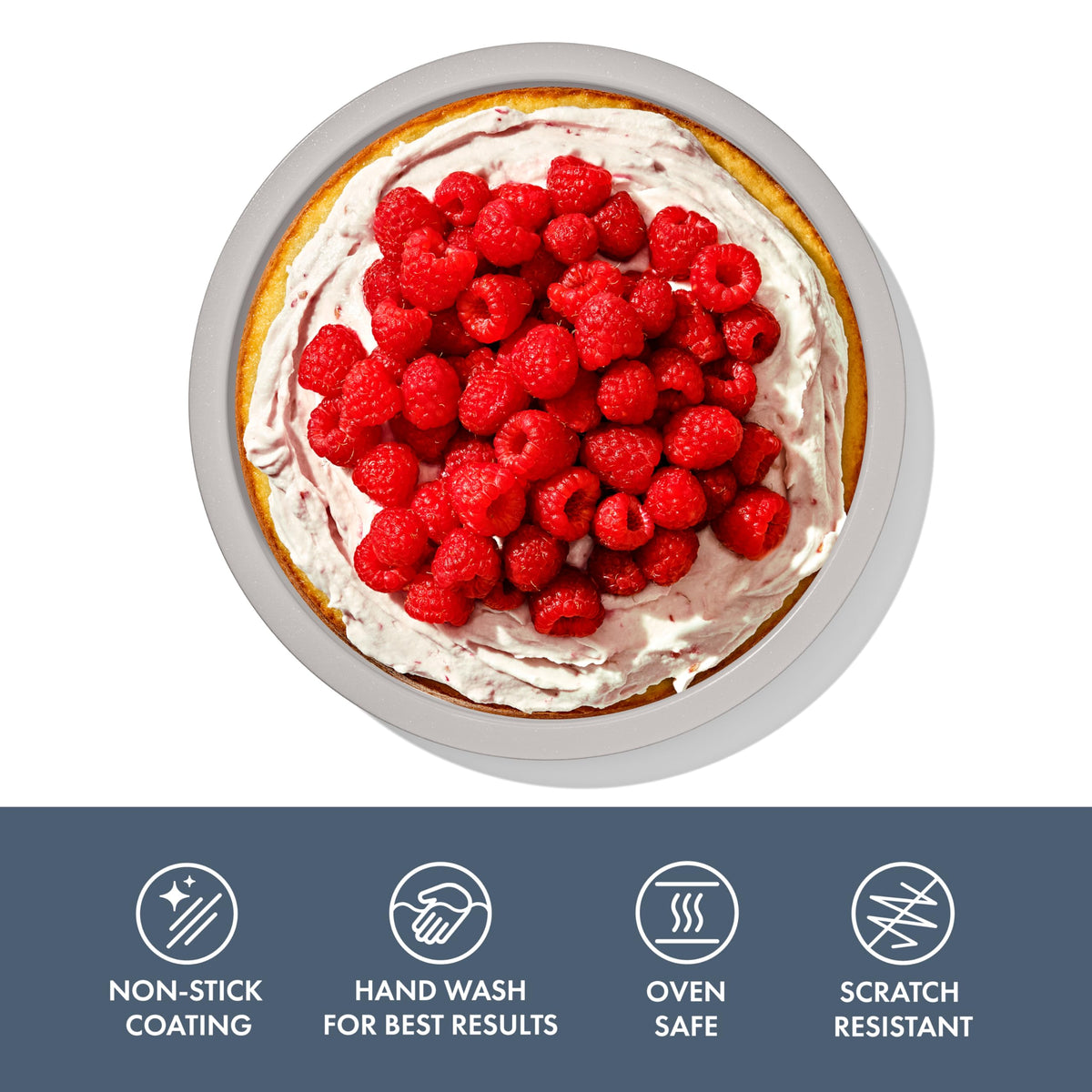 OXO Good Grips cake pan highlighting zero-draft walls for even layers.