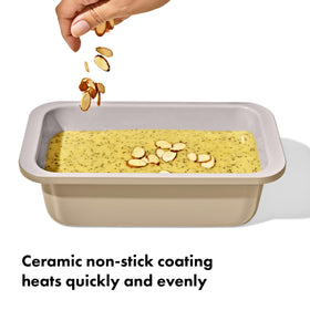 OXO Good Grips loaf pan coating closeup highlighting ceramic non-stick surface