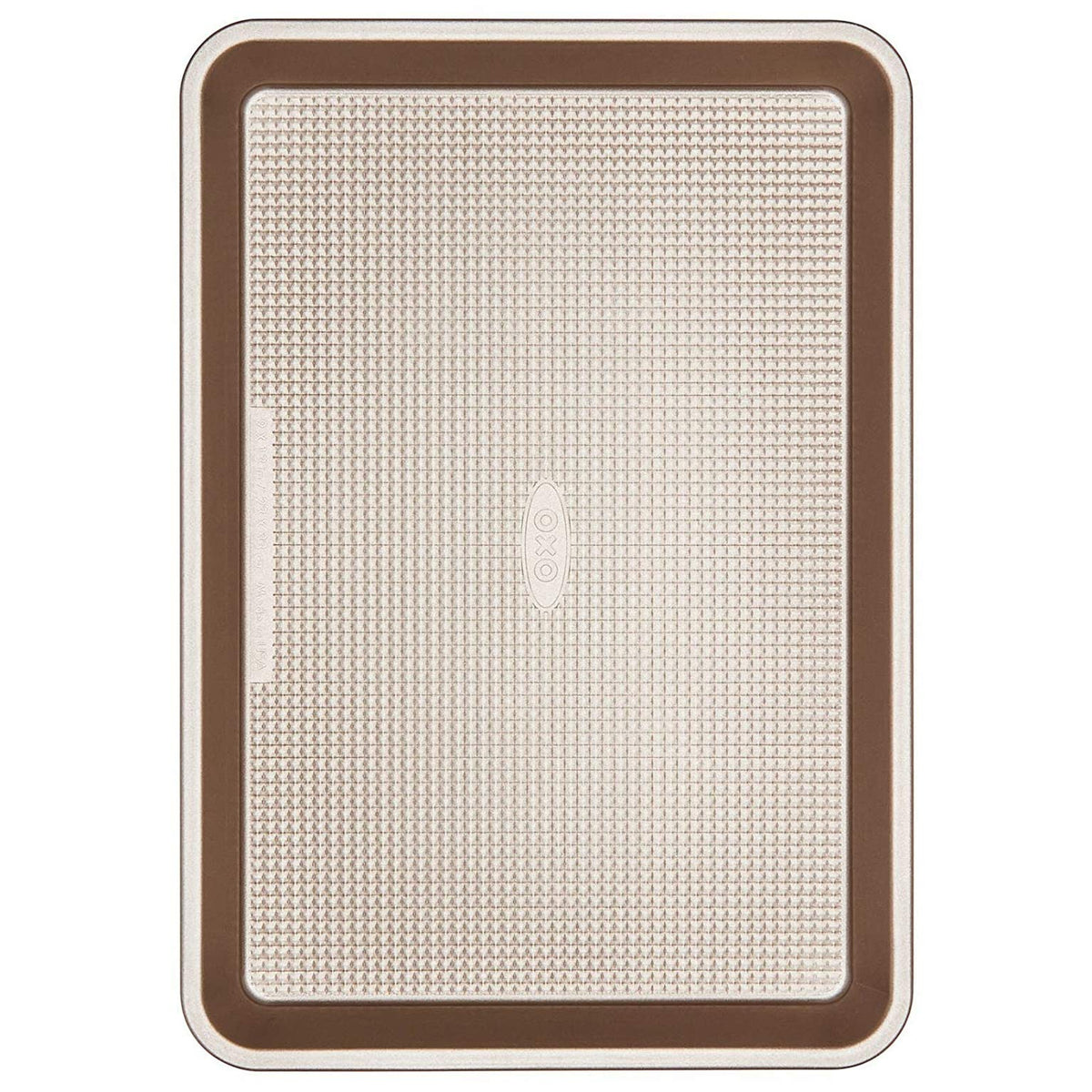 Square rolled edges on the pan add reinforcement and secure grip